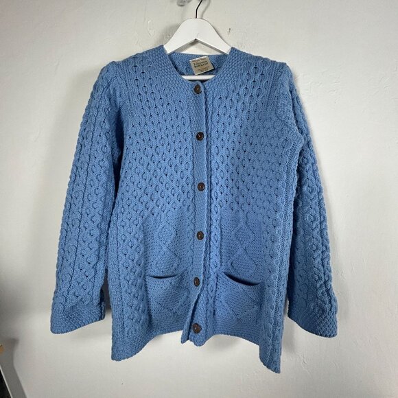 Kilronan Knitwear Womens Blue Merino Wool Cable-Knit Cardigan Sweater Pockets - Picture 1 of 7